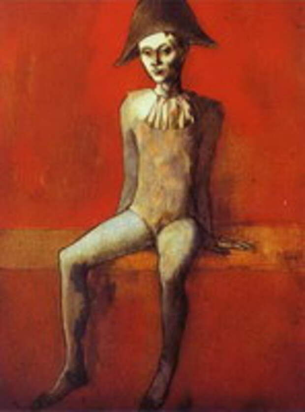 Пабло Пикассо. Сидящий на красной скамье Арлекин. 1905