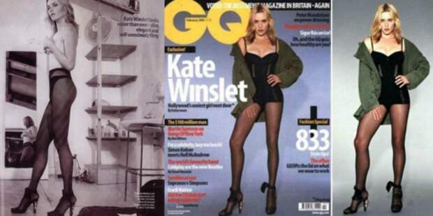 Уменьшенные с помощью фотошопа ноги и бедра актрисы в журнале GQ, 2003