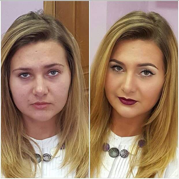 девушки до и после макияжа 