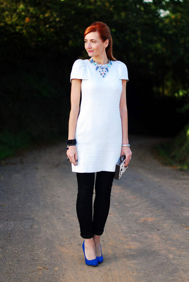 Pale blue dress over black skinnies
