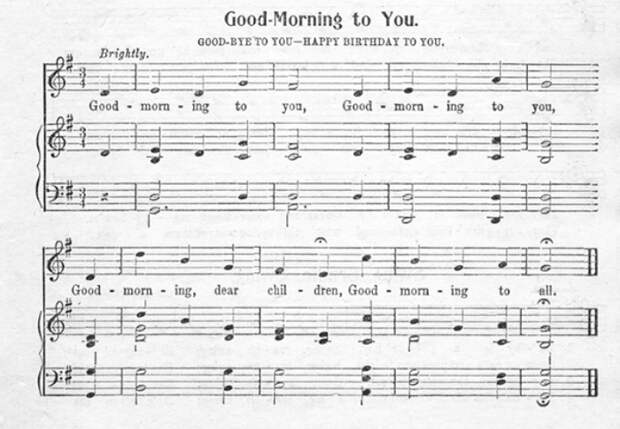 Одна из напечатанных версий песни *Good Morning to You*, музыка которой используется в песне *Happy Birthday*. *Книга песен для начинающих*, Cable Company, 1912 | Фото: lpgenerator.ru