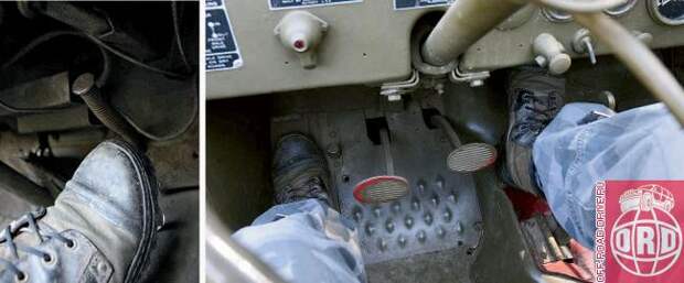 Расположение ног водителя Dodge WC-63 – это особая статья. Ступни находятся как бы в двух зонах. Причем правая ступня, лежащая на педали акселератора, встает так, что каблук упирается в «ложбинку» под педалью (так что нога не «давит на газ» сама на кочках). Прямо над мыском (фото слева) правого «сапога» находится педаль стартера, что тоже удобно, поскольку позволяет подгазовывать при запуске. А взаимное расположение педалей газа и тормоза дает возможность работать одной ногой (например при трогании в горку).