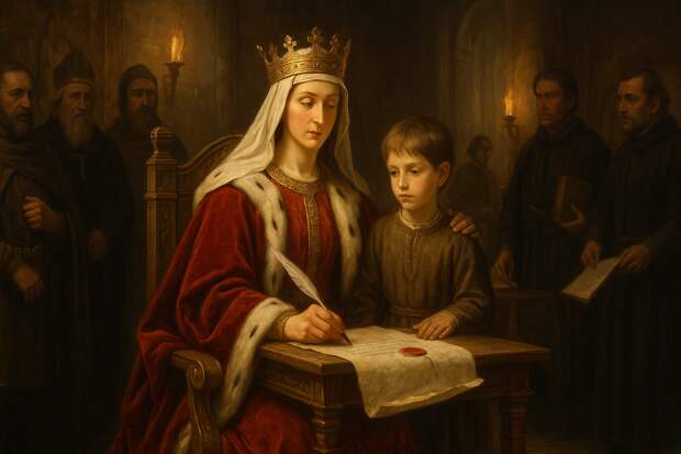 Анна Ярославна в королевской мантии и с короной на голове, сидит на троне. В руках у неё перо и свиток с королевской печатью.