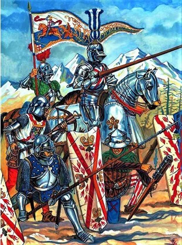 Пешие и конные воины бургундского войска. Последняя четверть XV века