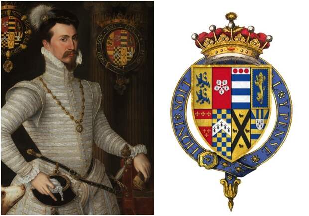 Слева направо: Роберт Дадли, граф Лестер, ок. 1564 года. \ Четвертованный герб Роберта Дадли, графа Лестера. Слева направо: Роберт Дадли, граф Лестер, ок. 1564 года. \ Четвертованный герб Роберта Дадли, графа Лестера.
