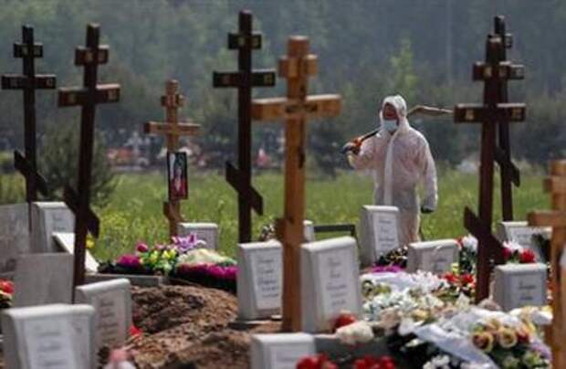 A grave digger wearing personal protective equipment (PPE) walks after burying a person, who presumably died of the coronavirus disease (COVID-19) in the special purpose section of a graveyard on the outskirts of Saint Petersburg, Russia June 10, 2020. REUTERS/Anton Vaganov