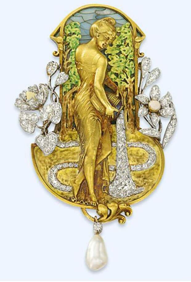 AN ART NOUVEAU DIAMOND, PEARL AND PLIQUE A JOUR ENAMEL PENDANT/BROOCH Depicting a sculpted gold classical maiden tipping an amphora of diamond-set 'water' into a similarly-set stream inset within an enamelled landscape surround, with circular-cut diamond floral detail accented by enamel, suspending an articulated diamond collet and pearl drop, circa 1905, 8.1cm long