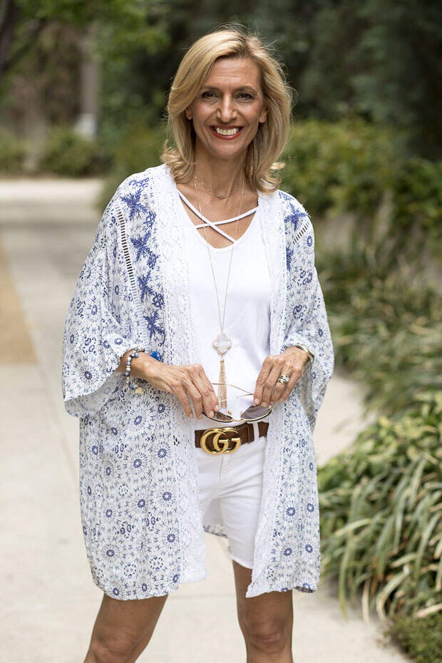 blue and white kimono with lace and embroidery trim