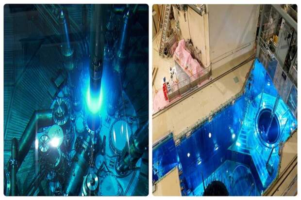 Одним из них является черенковское излучение. Это голубое свечение называется черенковским излучением. Это вызвано тем, что заряженные частицы радиоактивного материала движутся в воде быстрее света.