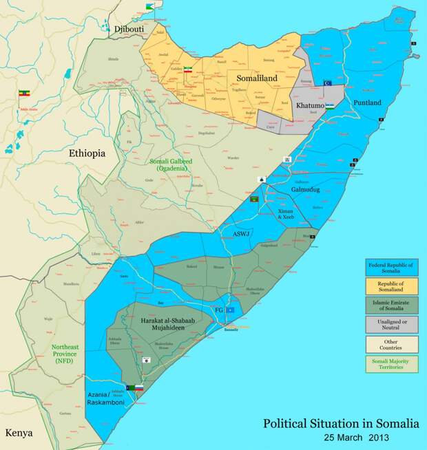 Политическая ситуация в Сомали на 2013 год. Карта: James Dahl.