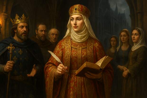 Анна Ярославна в роскошном русском наряде, с книгой и пером в руках. Её лицо светлое, уверенное, она идёт по залу французского дворца.