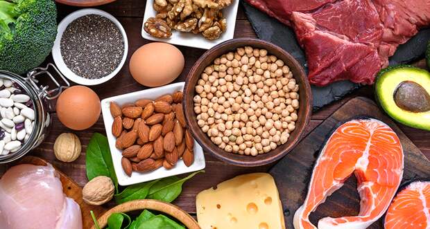 A photo of an array of protein rich foods including red meat, fish, nuts, beans, eggs, chickpeas, avacado, spinach and broccoli