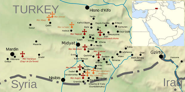 Карта Тур-Абдина. Красными крестами помечены действующие монастыри. «Википедия» («ТрВ» №24(293), 3.12.2019)