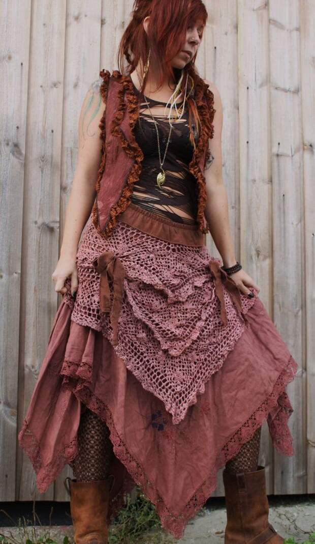 vintage antique tattered fairy gypsy swirl long fishtail pirate style romantic skirt in crochet plum handdyed lace and cotton embroidery