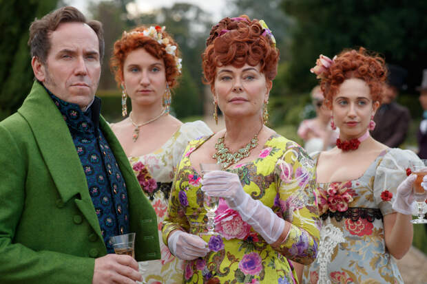 Ben Miller, Bessie Carter, Polly Walker, and Harriet Cains, Bridgerton | Photo Credits: Nick Briggs/Netflix