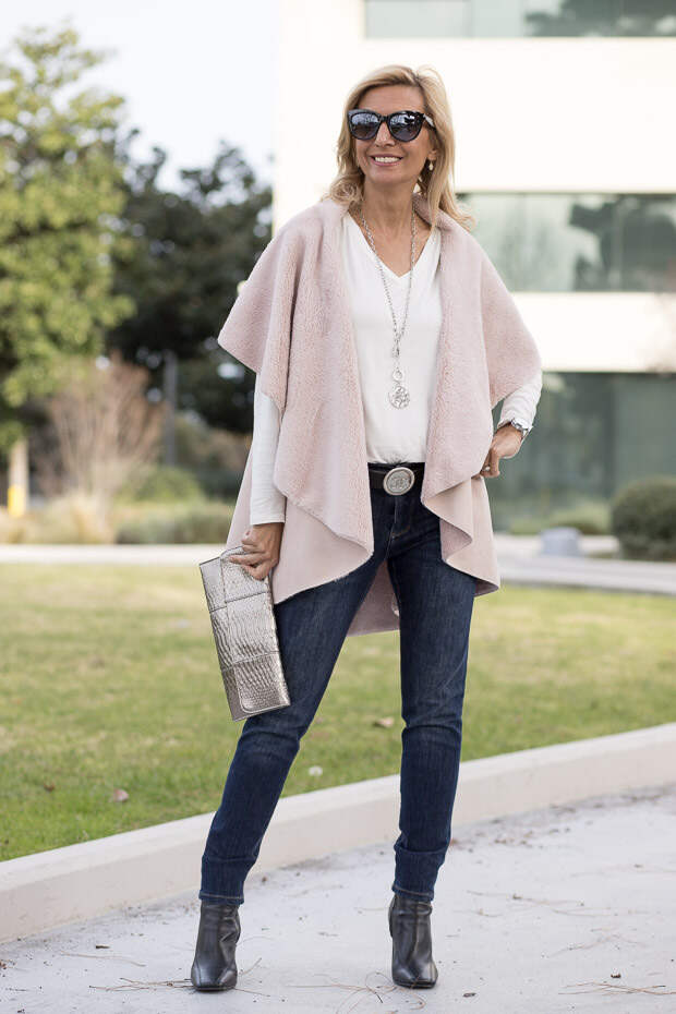 Blush Faux Suede and shearling cape vest for women