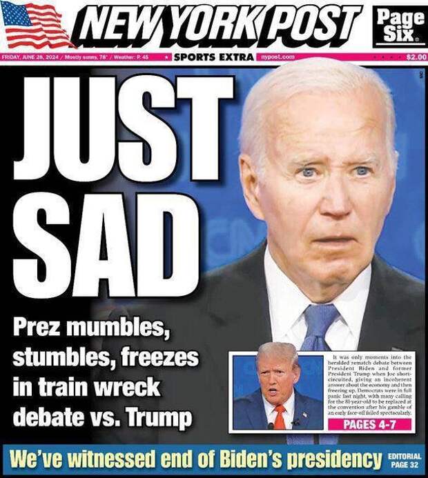 New-York Post: «Очень грустно. Президент бормочет, заикается и замирает во время дебатов против Трампа. Мы стали свидетелями конца президентства Байдена»