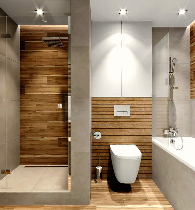 Деревянные детали в ванной комнате. | Фото: Pinterest.