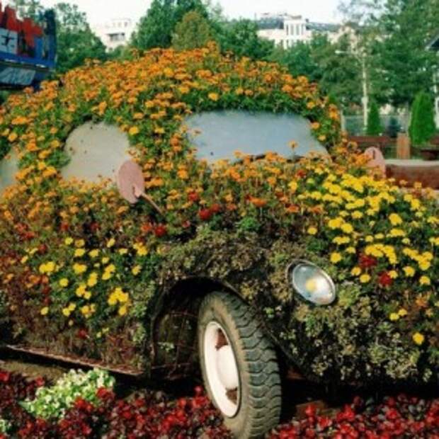 Заросшая цветами машина