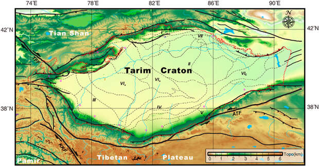 Фрагмент топографической карты Евразии с Таримской впадиной