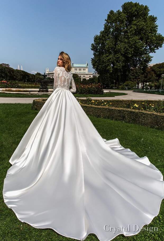 crystal design 2018 long sleeves jewel neck heavily embellished bodice satin modest a line wedding dress covered lace back royal train (dilma) bv