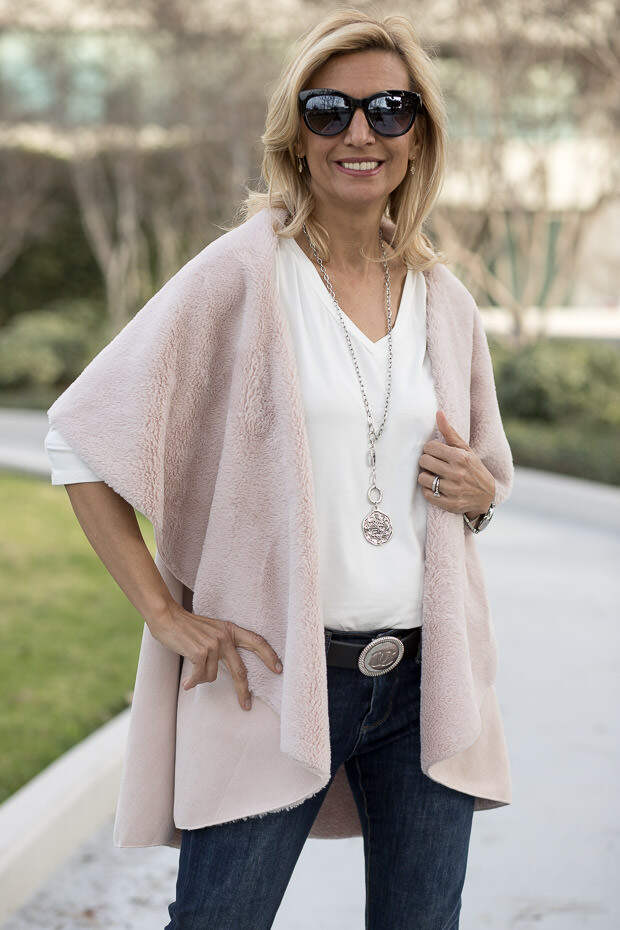 Blush Faux Suede and shearling cape vest for womenBlush Faux Suede and shearling cape vest for women