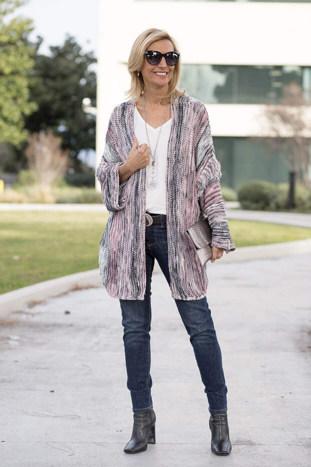 womens pink gray black cardigan with fringe detail