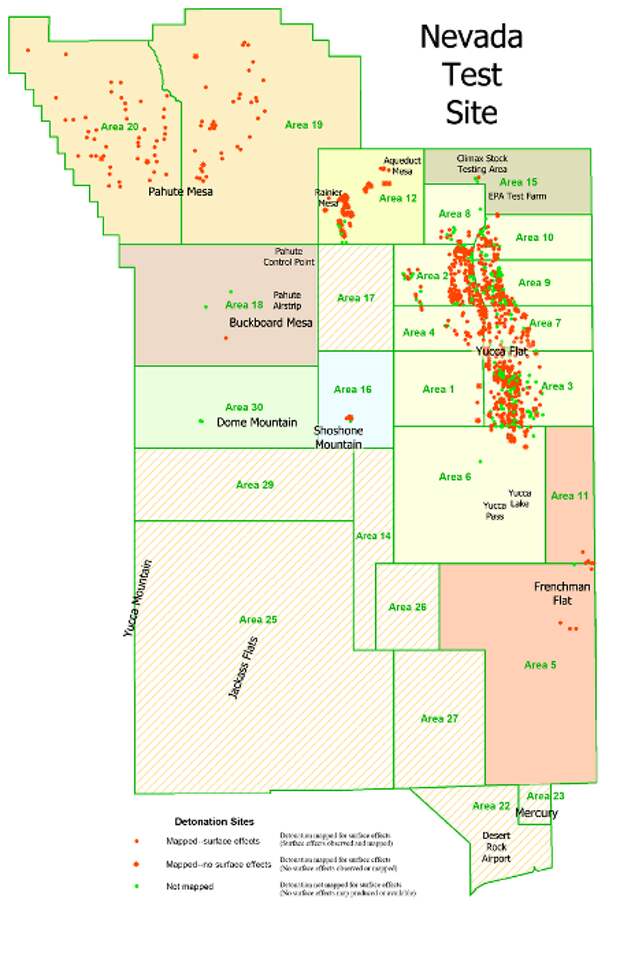 Карта испытательного полигона в Неваде с указанием мест произведенных ядерных взрывов. /Фото: wikiрedia.org