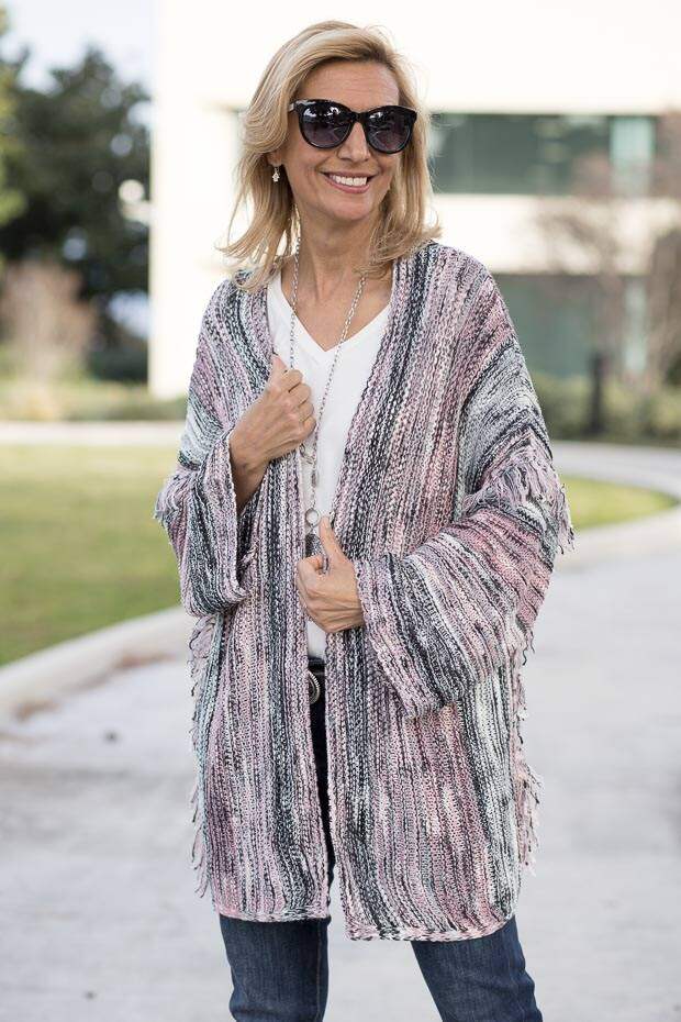 womens pink gray black cardigan with fringe detail