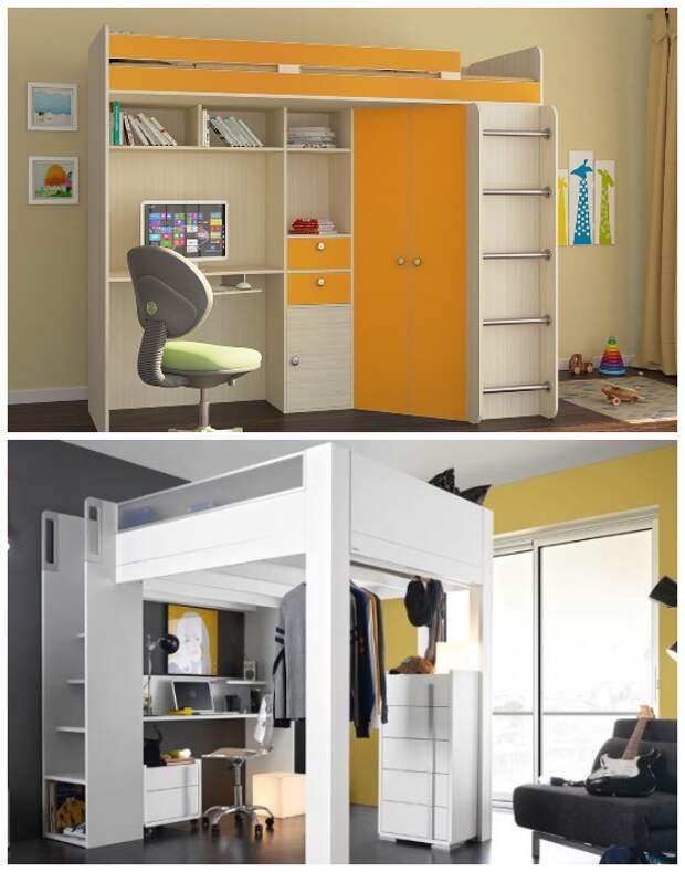Двухъярусная организация рабочего места для школьника или кабинета для взрослых и спального места с помощью мебельной стенки.