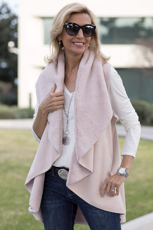 Blush Faux Suede and shearling cape vest for women