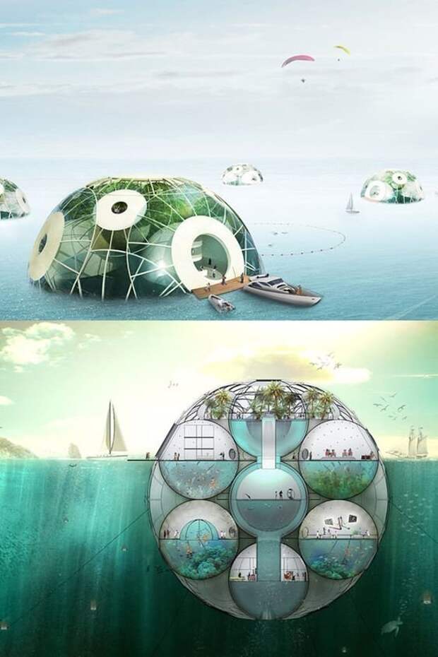 Вот еще нечто похожее. Люди хотят перебраться на воду и под воду архитектура, интересное, концептуальные фантазии, фабрик аидей