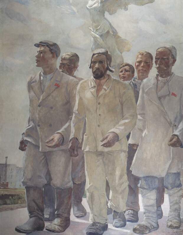 Герои первой пятилетки. 1936. Холст, масло. 250 х 192 см. Государственный музей искусств Республики Казахстан имени А. Кастеева, Алматы.jpg