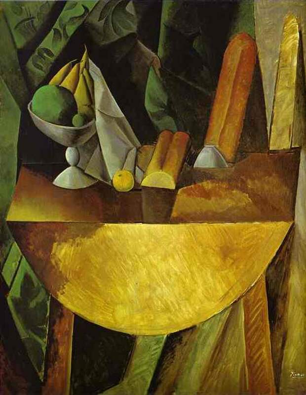 Пабло Пикассо. Хлеб и ваза с фруктами на столе. 1909 год