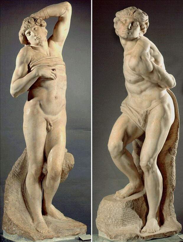 Скульптуры Микеланджело "Восставший раб" и "Умирающий раб", Лувр