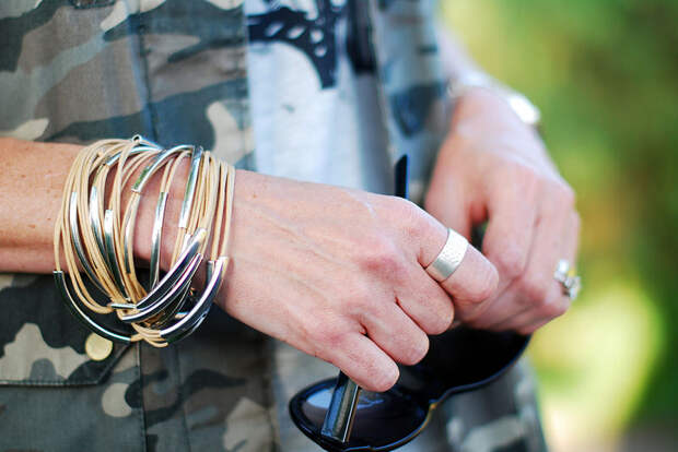 Camo jacket and silver jewellery
