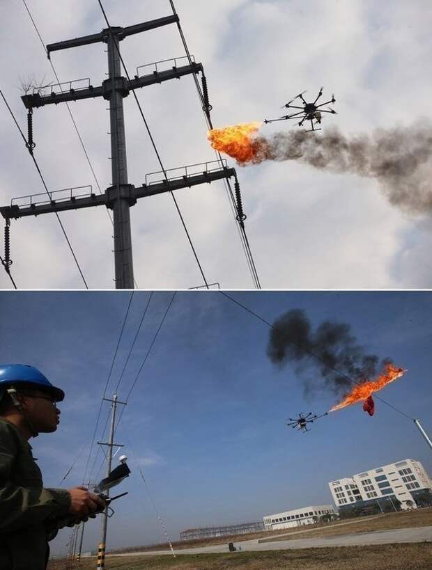 Китайская энергетическая компания начала использовать дроны, чтобы сжигать мусор, застрявший в проводах КВАДРОКОПТЕРЫ, будущее уже наступило, гаджеты, коптеры, мультикоптеры, прикол, юмор