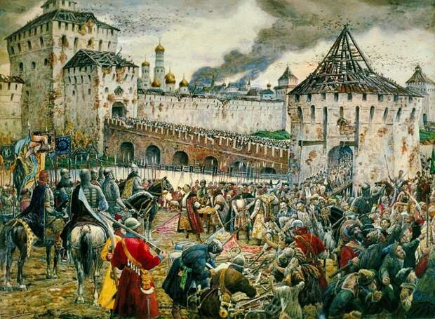 Русское ополчение принимает капитуляцию поляков у стен Кремля. Картина художника Э.Лесснера
