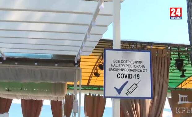 На набережной Алушты появились таблички о вакцинации сотрудников кафе и ресторанов против COVID-19