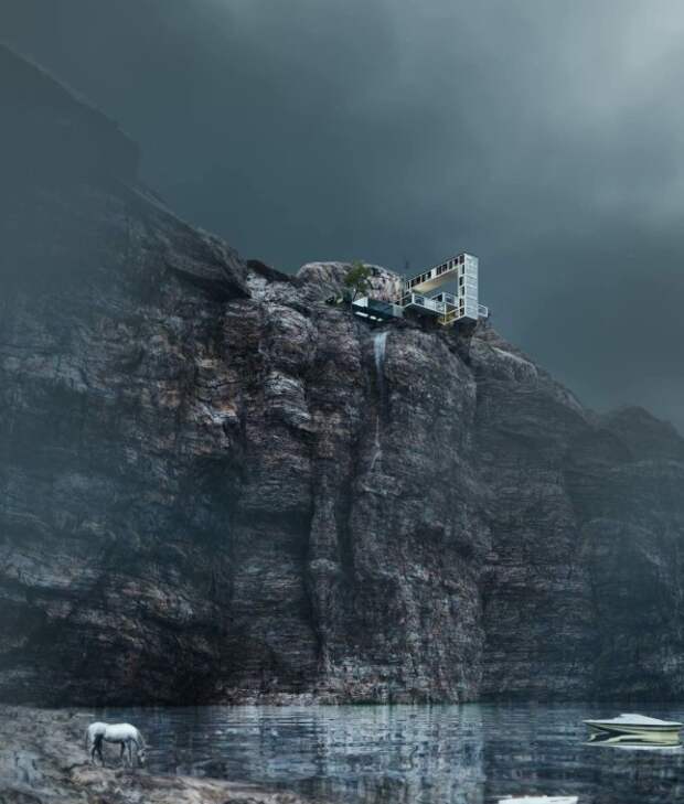 Дерзкая архитектурная концепция «Горного дома», который свисает с крутого утеса (концепция архбюро Milad Eshtiyaghi). | Фото: miladeshtiyaghi.com.