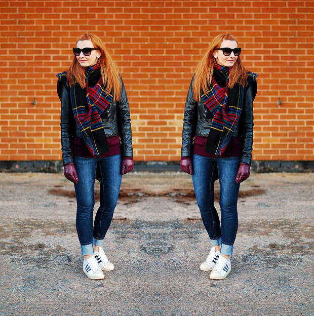 Autumn style: Dark tartan scarf and black biker jacket