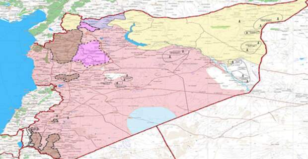 Желтым отмечены территории, контролируемые курдами 