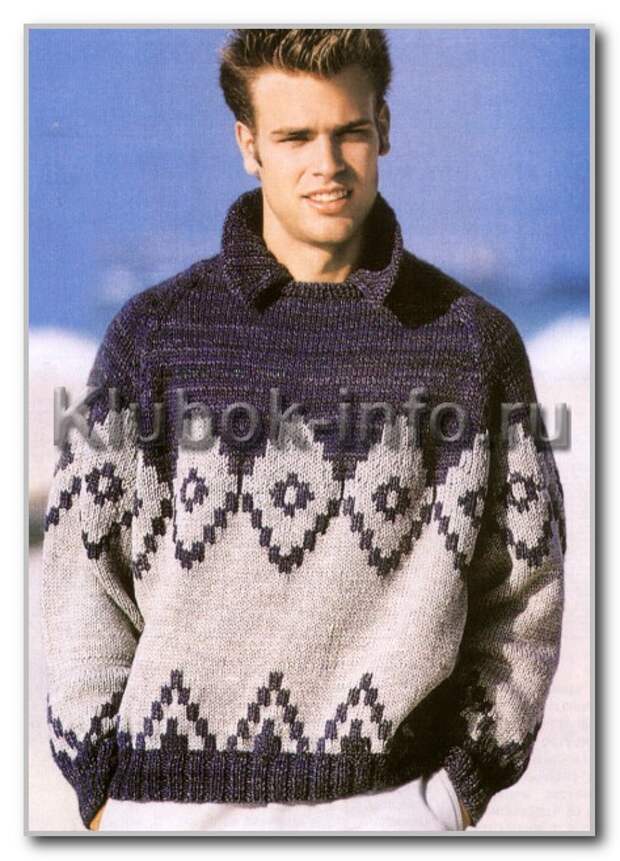 Вязание спицами. Двухцветный пуловер-реглан с круглым вырезом, воротником и жаккардовым узором. Размер 52-54