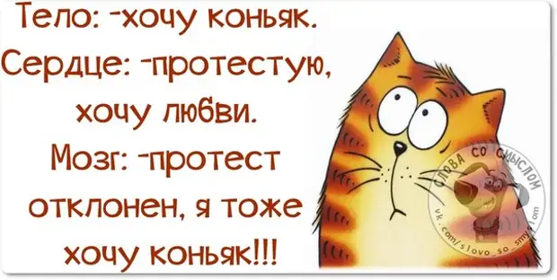 Тоже хочется. Тело хочу коньяк сердце протестую хочу любви. Когда все хорошо это не хорошо это подозрительно. Хочу коньяк. Коньячку не желаете.