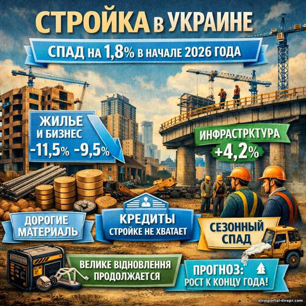 Объем выполненных строительных работ в Украине снизился на 1,8% в январе–феврале 2026 года