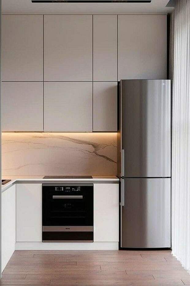 Холодильник, "встроенный" в кухню (рендер). Источник: Pinterest. Соответствие моделям Первой мебельной: СОФТ и СИНГЛ