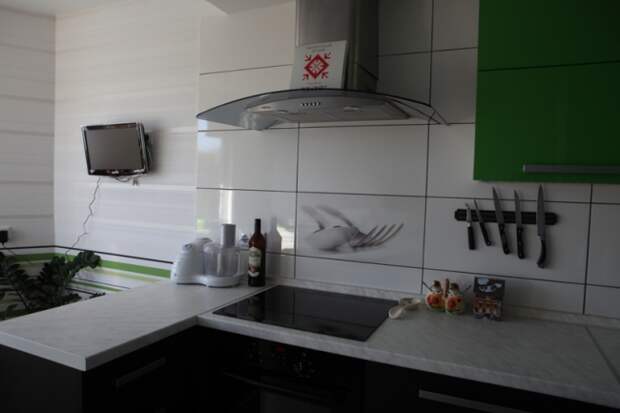Черно-зеленая кухня 12 кв.м с эркером (9 фото)