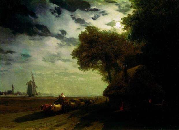 Украинский пейзаж с чумаками при луне. 1869 - Айвазовский Иван Константинович
