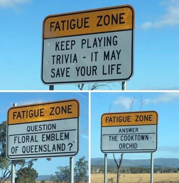 На длинных австралийских шоссе стоят таблички с вопросами и ответами. Эта дорожная викторина помогает взбодриться и не уснуть за рулем идеи, необычно, нестандартно, нестандартные идеи, оригинально, оригинальные решения, проблемы, решения