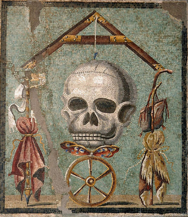 Мозаика I века нашей эры, найденная в руинах Помпей. На изображении можно увидеть череп, на котором сохранились уши.